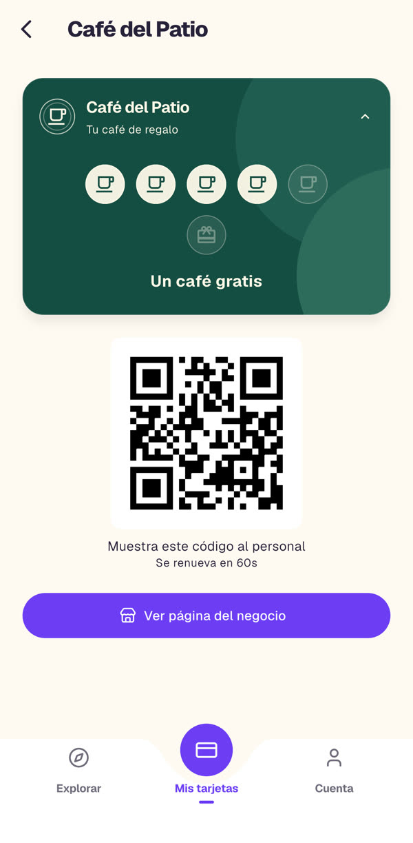 Detalle de una tarjeta con sus sellos y el código que se enseña en el mostrador