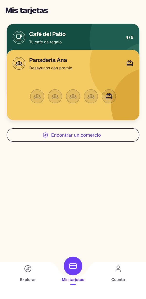 La app Girvo con las tarjetas de Café del Patio y Panadería Ana
